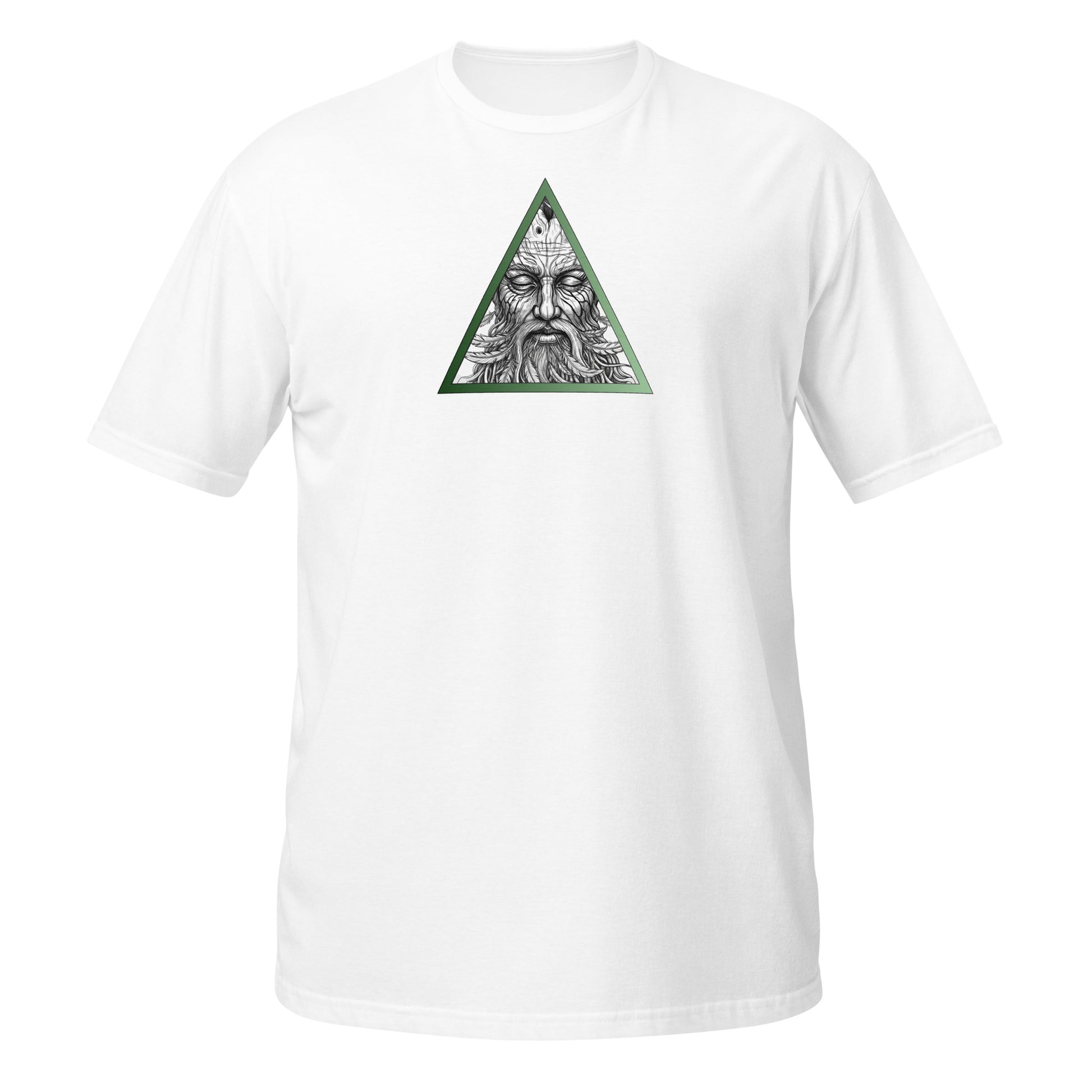 White T-shirt with a detailed graphic of an old man's face inside a green upward-pointing triangle, earth element mystic design.
