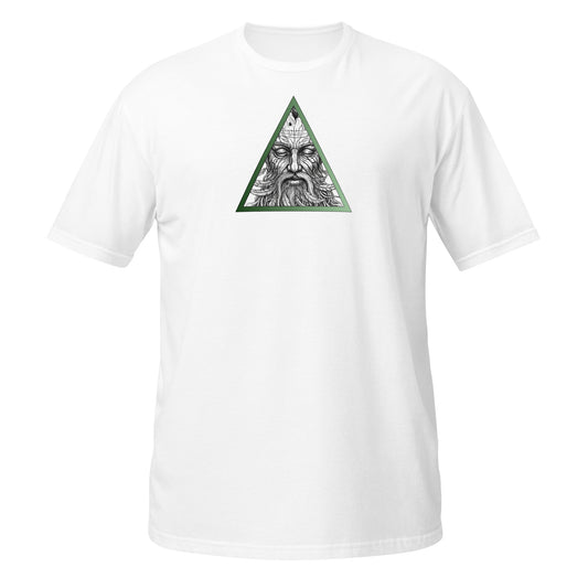 White T-shirt with a detailed graphic of an old man's face inside a green upward-pointing triangle, earth element mystic design.
