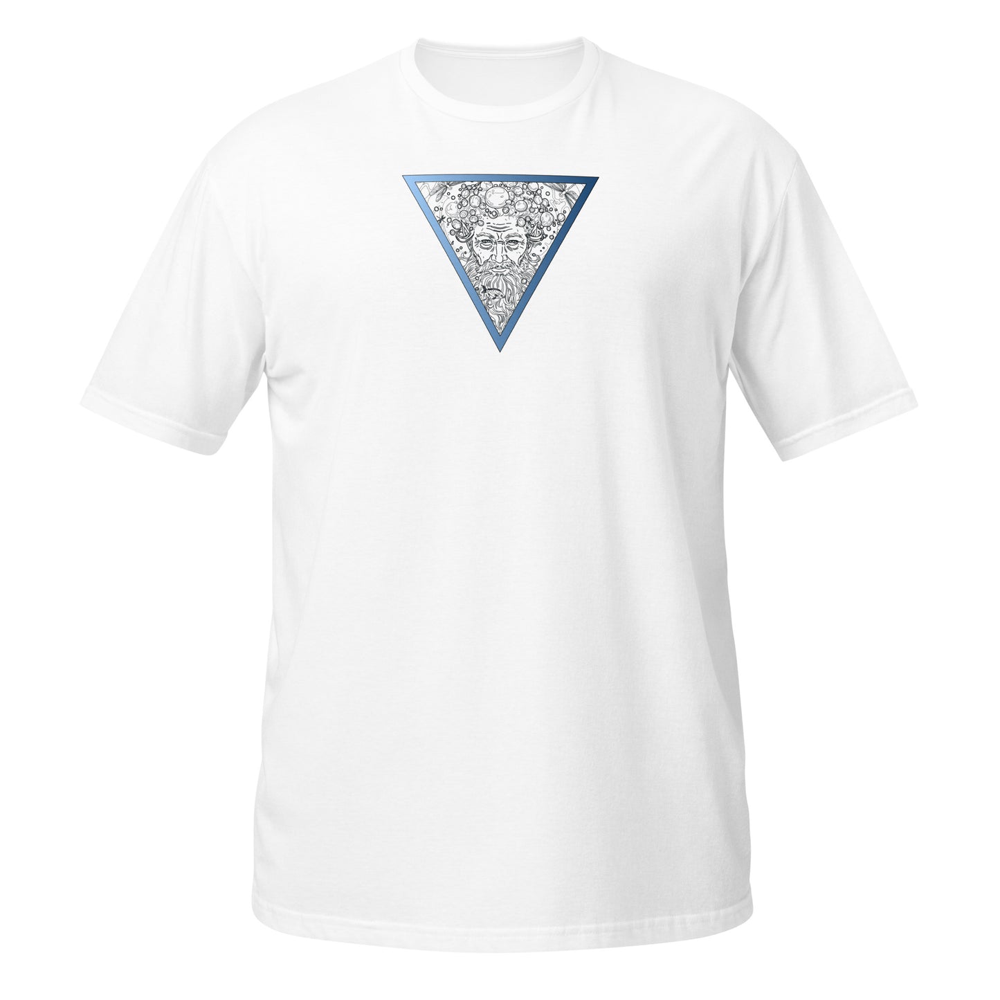 White T-shirt with a graphic of an old man's face and hair made of bubbles inside a blue downward-pointing triangle, water element design