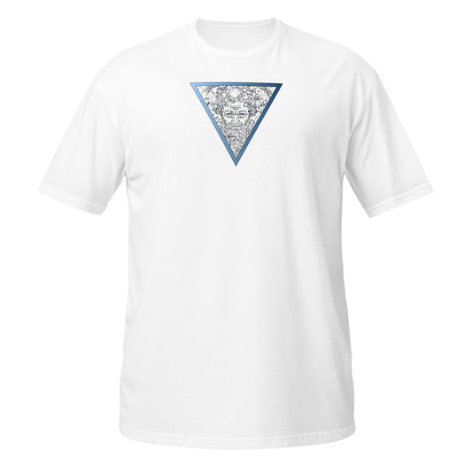 White T-shirt with a graphic of an old man's face and hair made of bubbles inside a blue downward-pointing triangle, water element design