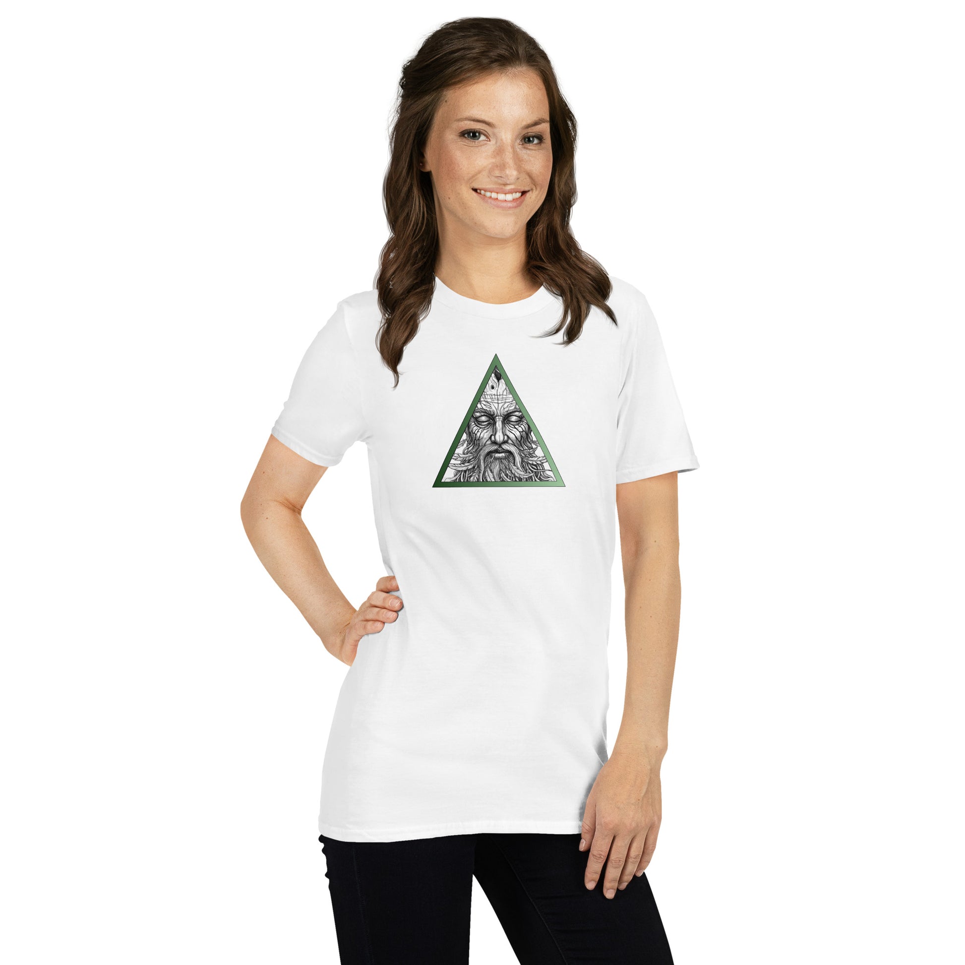 women wearing a White T-shirt with a detailed graphic of an old man's face inside a green upward-pointing triangle, earth element mystic design.