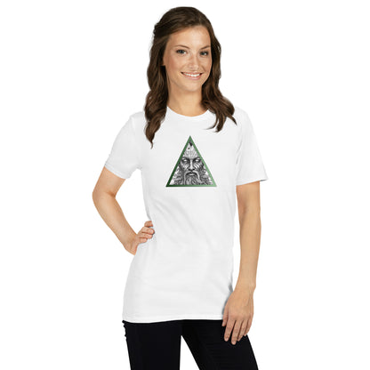 women wearing a White T-shirt with a detailed graphic of an old man's face inside a green upward-pointing triangle, earth element mystic design.