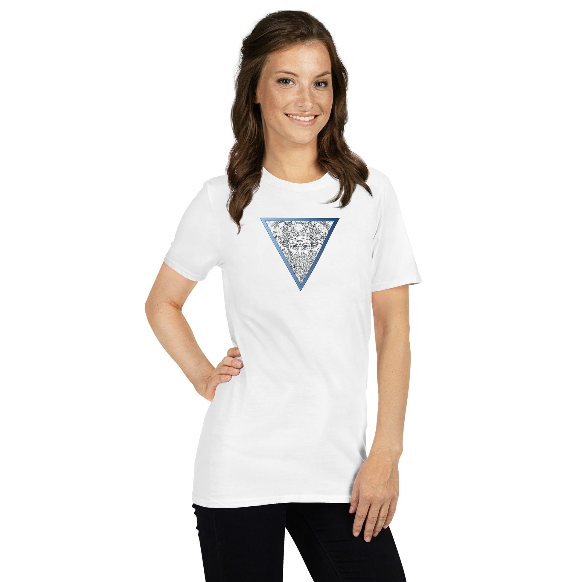 Woman wearing a white t-shirt with a a graphic of an old man's face and hair made of bubbles inside a blue downward-pointing triangle, water element design