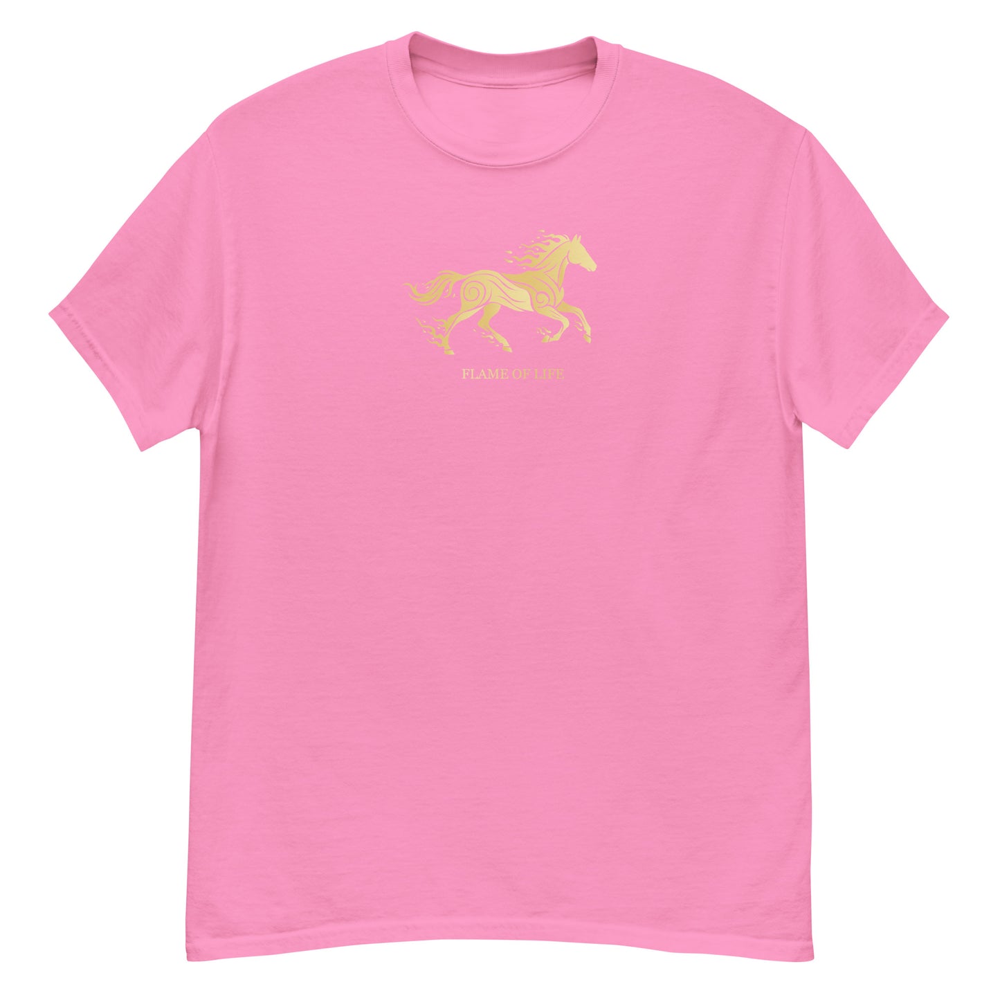 Pink t-shirt with a a gold horse Flame of life design by the vision 2026.A symbol of inner fire, strength, and the spirit refuses to be tamed by the system.