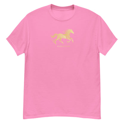 Pink t-shirt with a a gold horse Flame of life design by the vision 2026.A symbol of inner fire, strength, and the spirit refuses to be tamed by the system.