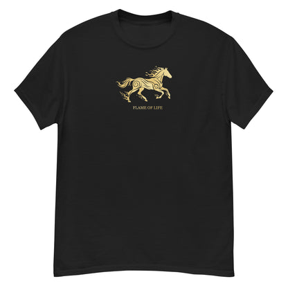 black t-shirt with golden horse Flame of life design by the vision 2026.A symbol of inner fire, strength, and the spirit refuses to be tamed by the system.