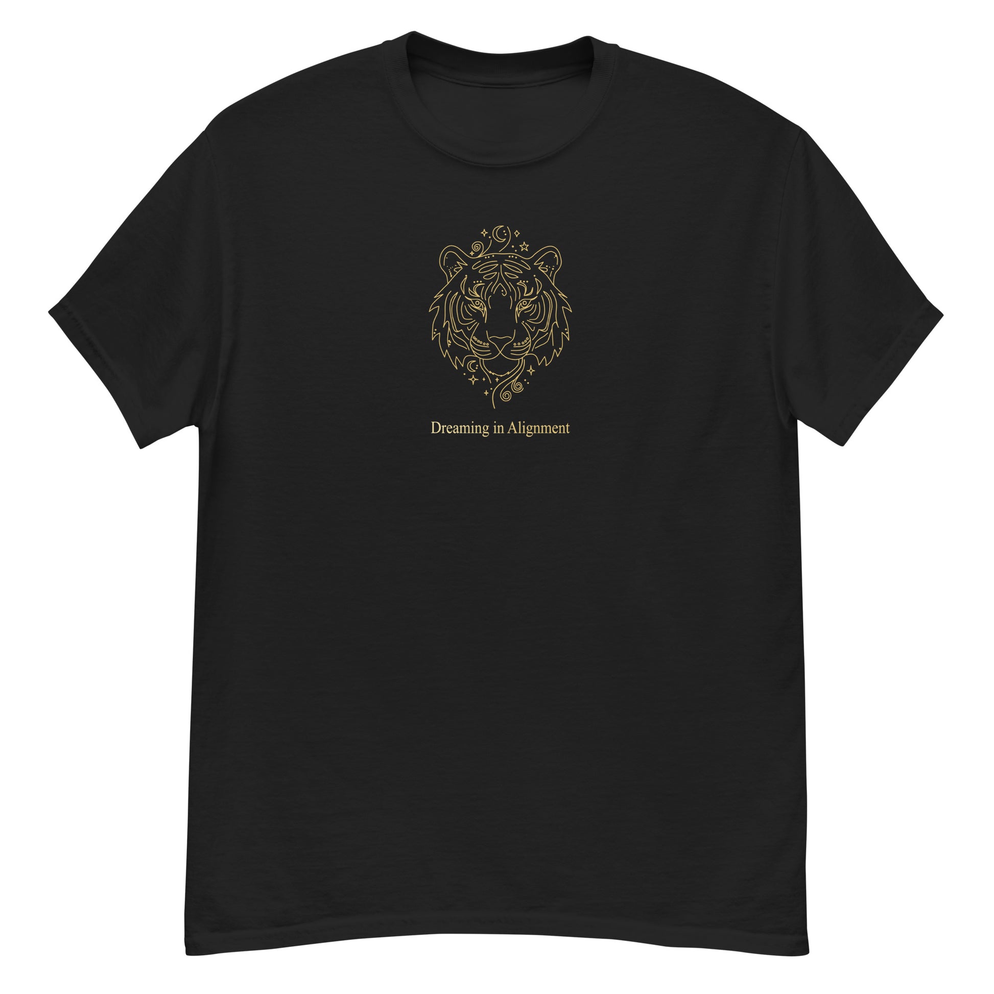 Black t-shirt with Artistic graphic of a gentle tiger with the text "Dreaming in Alignment," symbolizing the overcoming of fear, creative freedom, and spiritual harmony.