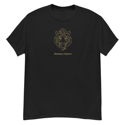 Black t-shirt with Artistic graphic of a gentle tiger with the text "Dreaming in Alignment," symbolizing the overcoming of fear, creative freedom, and spiritual harmony.