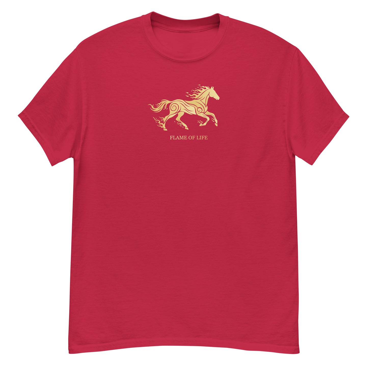 Red t-shirt with a a gold horse Flame of life design by the vision 2026.A symbol of inner fire, strength, and the spirit refuses to be tamed by the system.