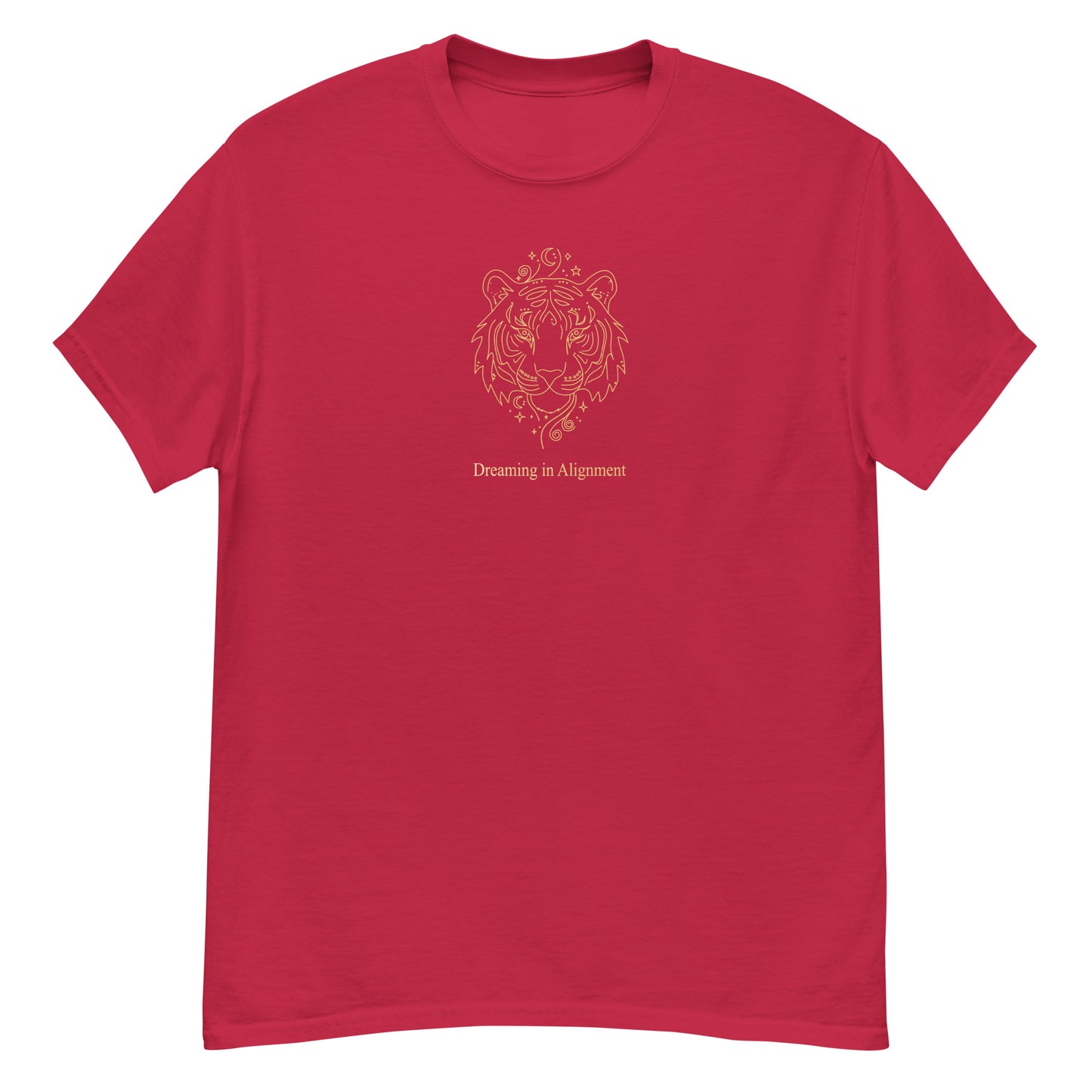 Red t-shirt t-shirt with Artistic graphic of a gentle tiger with the text "Dreaming in Alignment," symbolizing the overcoming of fear, creative freedom, and spiritual harmony.