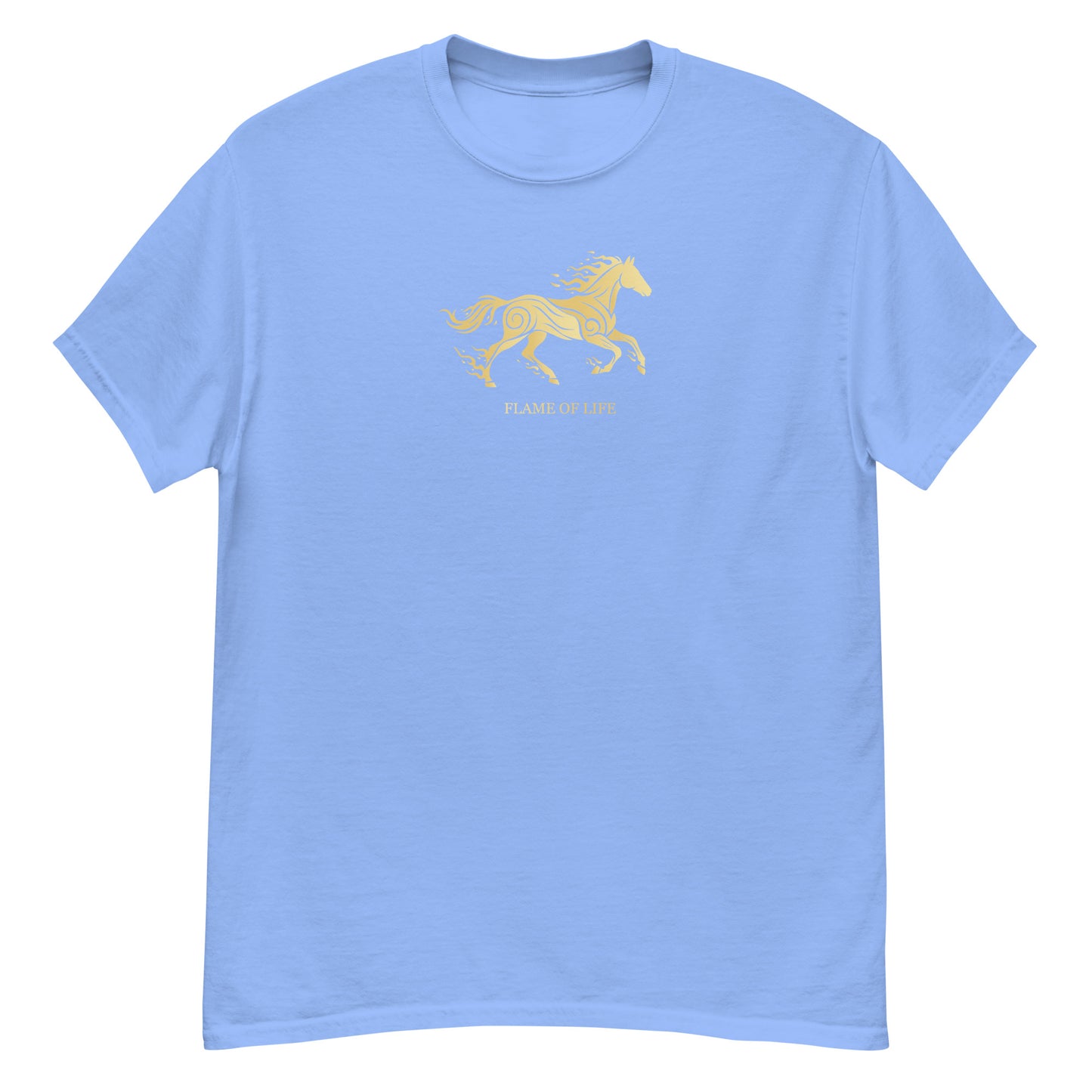 Light blue t-shirt with a gold horse Flame of life design by the vision 2026.A symbol of inner fire, strength, and the spirit refuses to be tamed by the system.