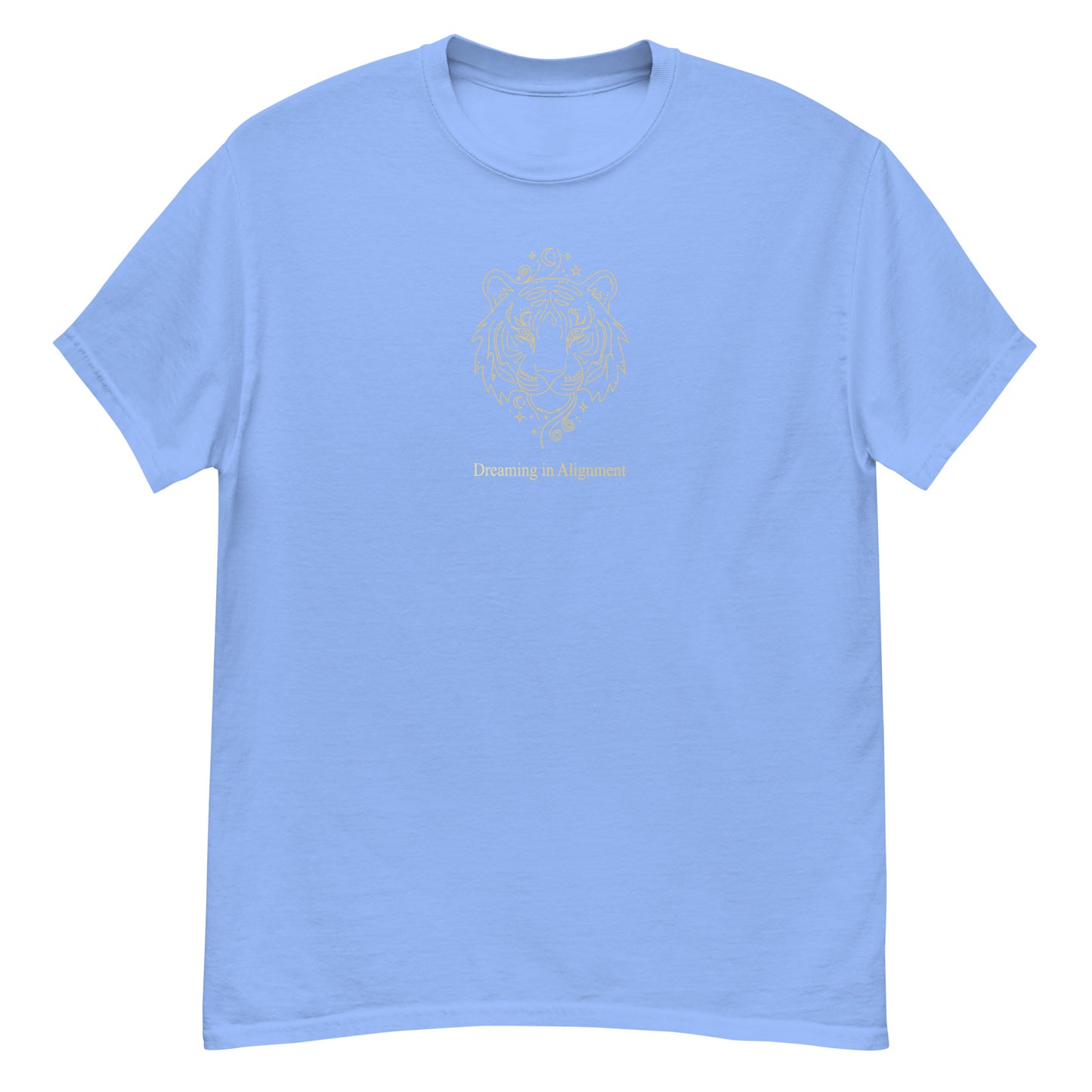 Light blue t-shirt with Artistic graphic of a gentle tiger with the text "Dreaming in Alignment," symbolizing the overcoming of fear, creative freedom, and spiritual harmony.