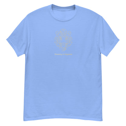 Light blue t-shirt with Artistic graphic of a gentle tiger with the text "Dreaming in Alignment," symbolizing the overcoming of fear, creative freedom, and spiritual harmony.