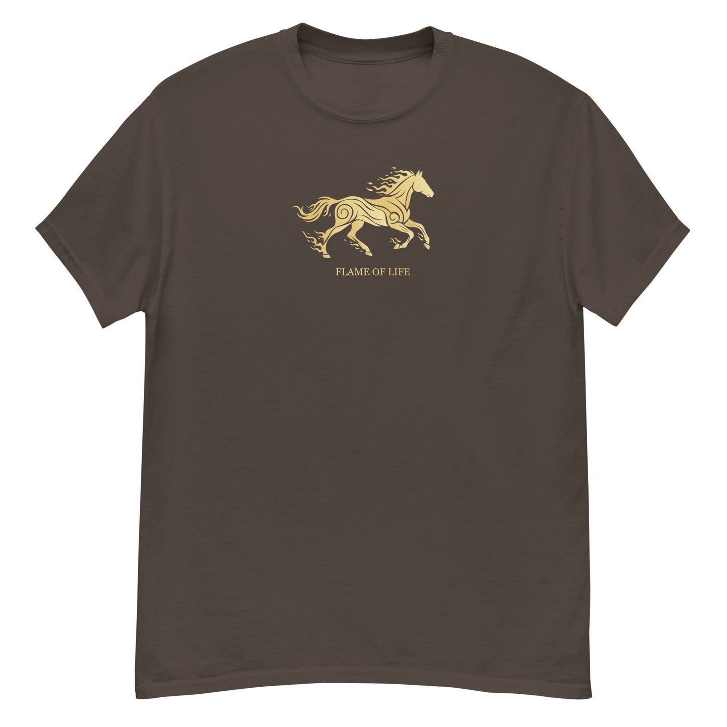 Brown t-shirt with a gold horse Flame of life design by the vision 2026.A symbol of inner fire, strength, and the spirit refuses to be tamed by the system.