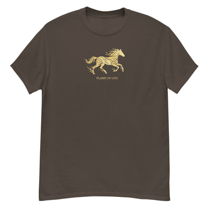 Brown t-shirt with a gold horse Flame of life design by the vision 2026.A symbol of inner fire, strength, and the spirit refuses to be tamed by the system.
