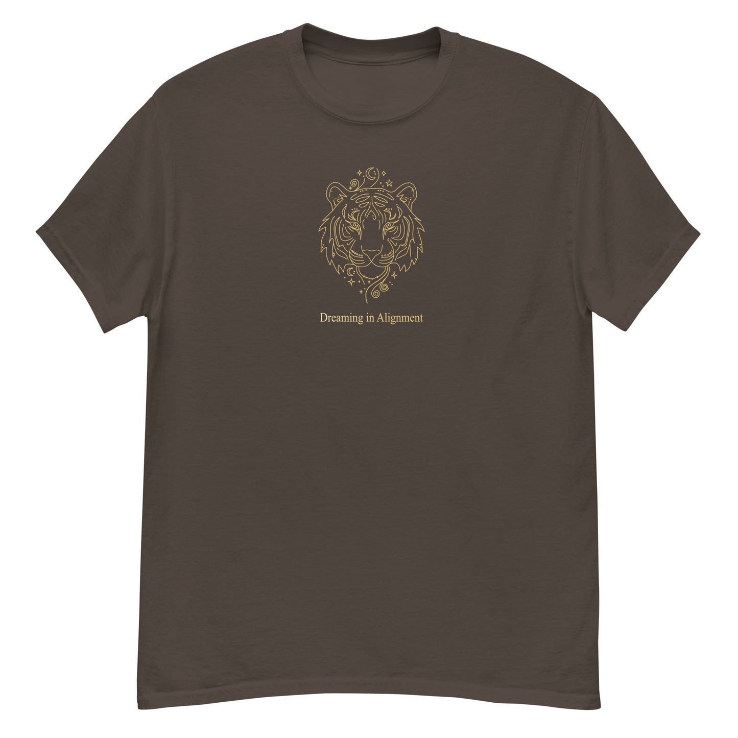 Brown - t-shirt with Artistic graphic of a gentle tiger with the text "Dreaming in Alignment," symbolizing the overcoming of fear, creative freedom, and spiritual harmony.