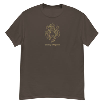 Brown - t-shirt with Artistic graphic of a gentle tiger with the text "Dreaming in Alignment," symbolizing the overcoming of fear, creative freedom, and spiritual harmony.