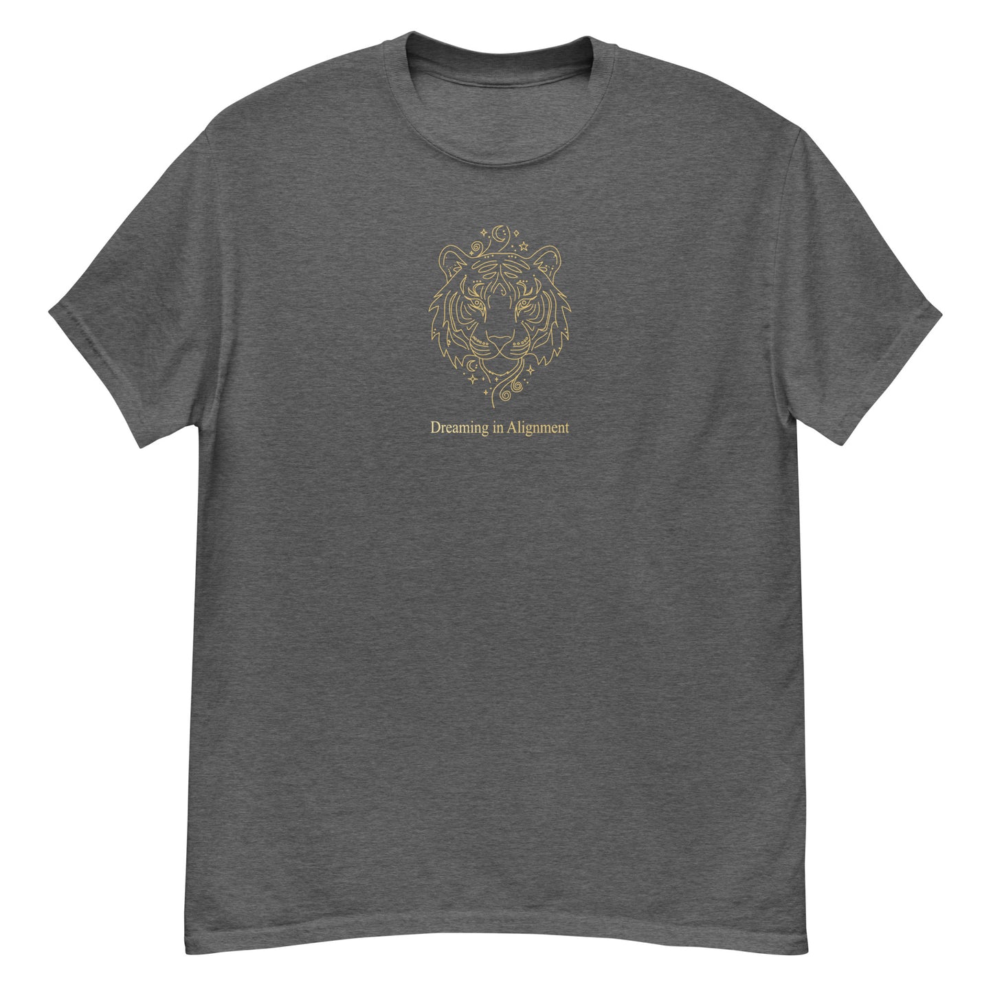 Gray t-shirt t-shirt with Artistic graphic of a gentle tiger with the text "Dreaming in Alignment," symbolizing the overcoming of fear, creative freedom, and spiritual harmony.