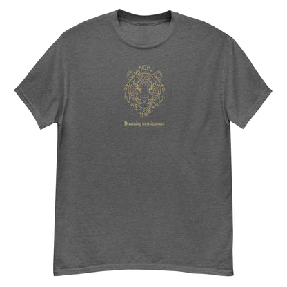 Gray t-shirt t-shirt with Artistic graphic of a gentle tiger with the text "Dreaming in Alignment," symbolizing the overcoming of fear, creative freedom, and spiritual harmony.