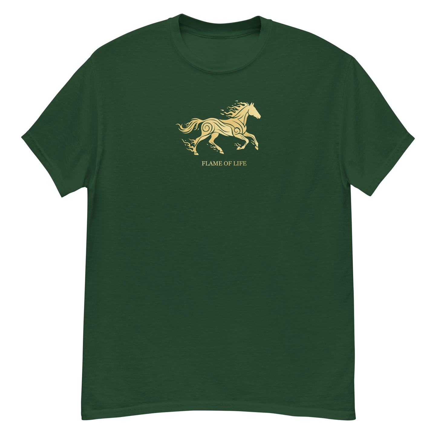 Green t-shirt with a gold horse Flame of life design by the vision 2026.A symbol of inner fire, strength, and the spirit refuses to be tamed by the system.