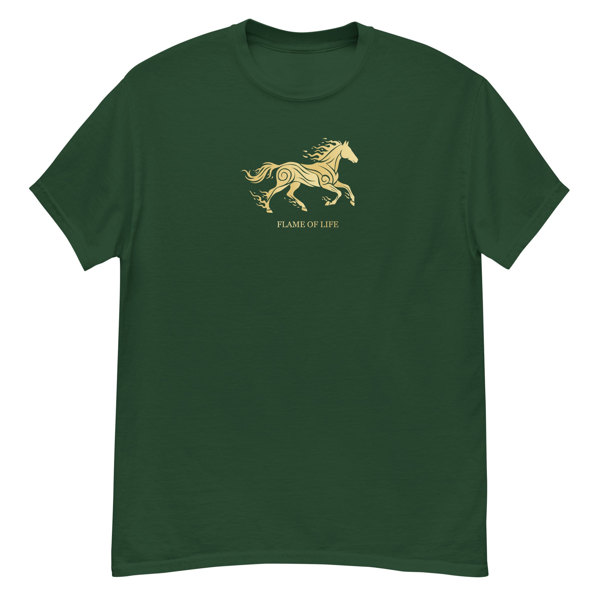 Green t-shirt with a gold horse Flame of life design by the vision 2026.A symbol of inner fire, strength, and the spirit refuses to be tamed by the system.