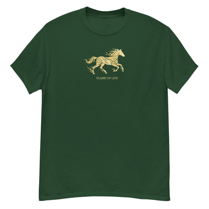 Green t-shirt with a gold horse Flame of life design by the vision 2026.A symbol of inner fire, strength, and the spirit refuses to be tamed by the system.