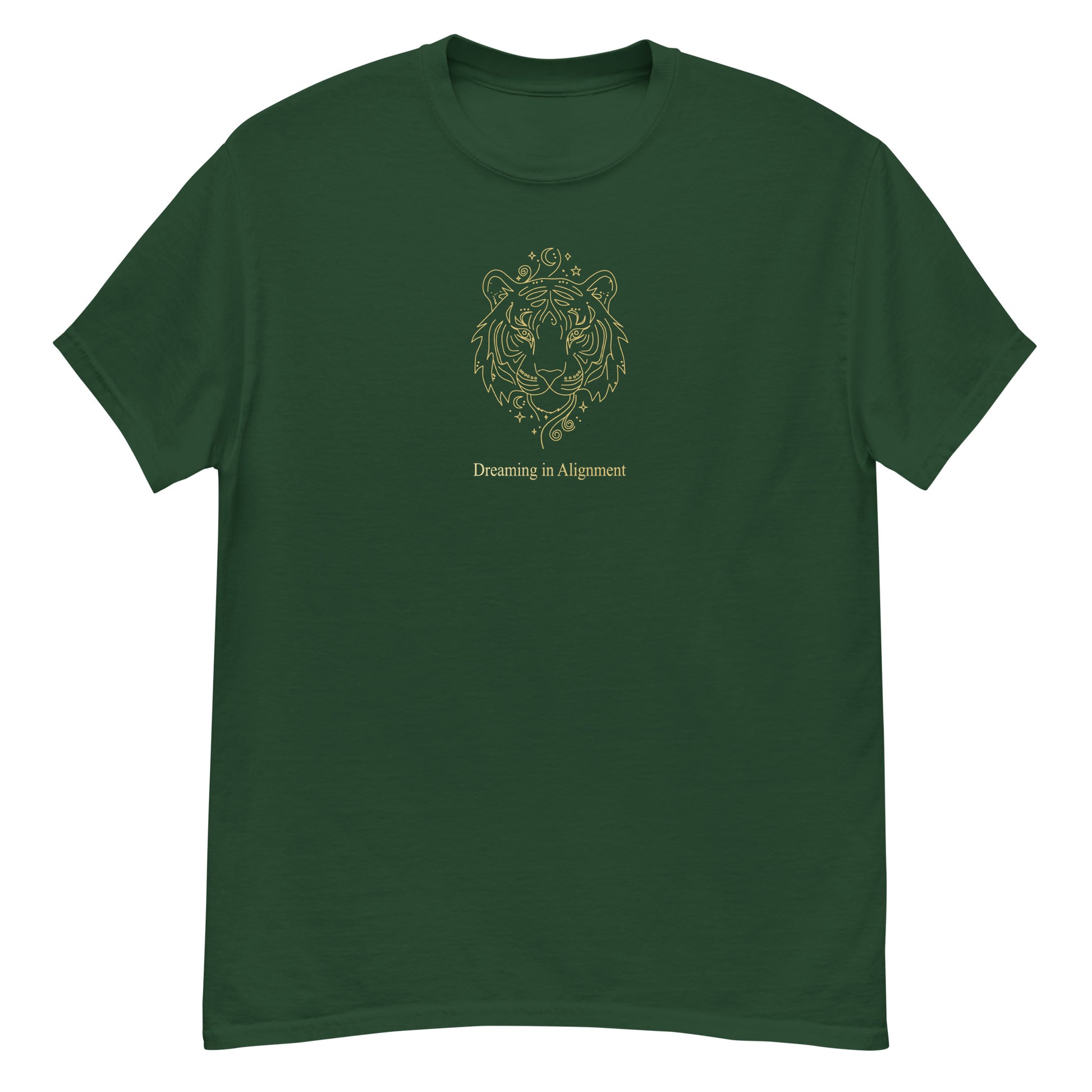 Green t-shirt t-shirt with Artistic graphic of a gentle tiger with the text "Dreaming in Alignment," symbolizing the overcoming of fear, creative freedom, and spiritual harmony.