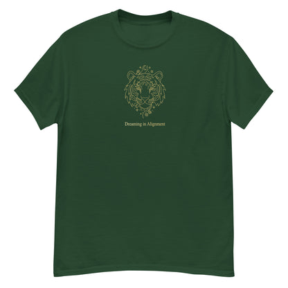 Green t-shirt t-shirt with Artistic graphic of a gentle tiger with the text "Dreaming in Alignment," symbolizing the overcoming of fear, creative freedom, and spiritual harmony.
