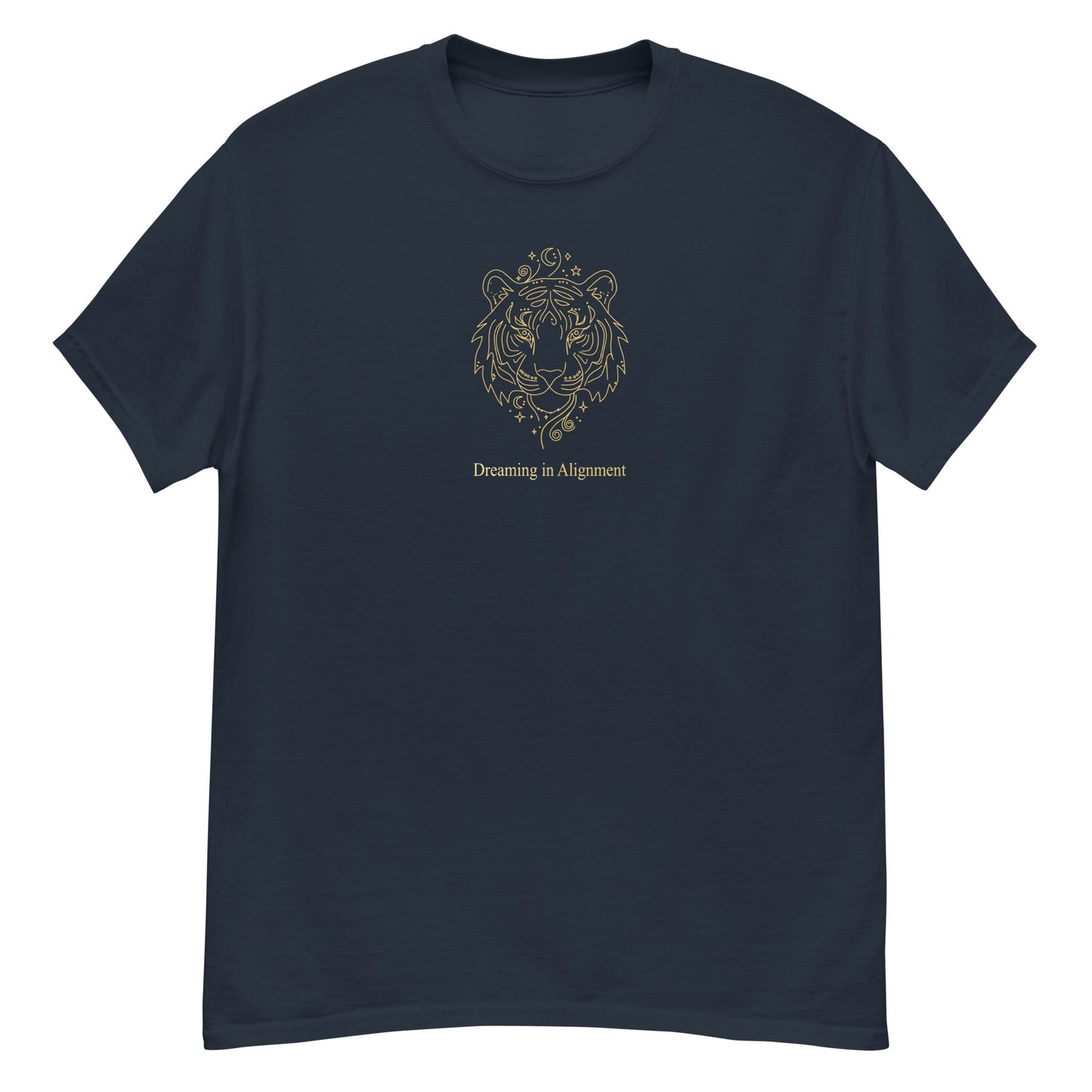 Navy blue t-shirt with Artistic graphic of a gentle tiger with the text "Dreaming in Alignment," symbolizing the overcoming of fear, creative freedom, and spiritual harmony.