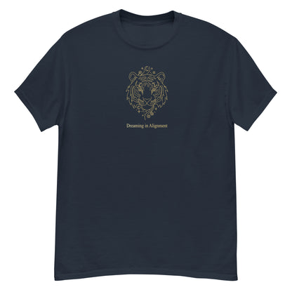 Navy blue t-shirt with Artistic graphic of a gentle tiger with the text "Dreaming in Alignment," symbolizing the overcoming of fear, creative freedom, and spiritual harmony.
