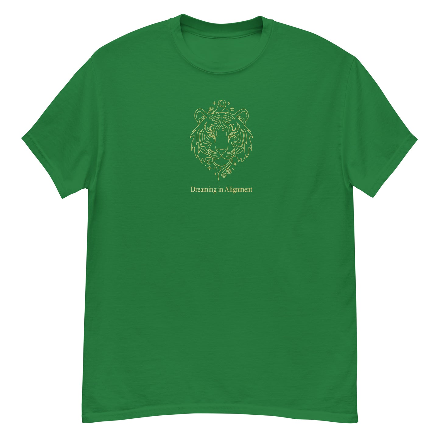 Green t-shirt t-shirt with Artistic graphic of a gentle tiger with the text "Dreaming in Alignment," symbolizing the overcoming of fear, creative freedom, and spiritual harmony.