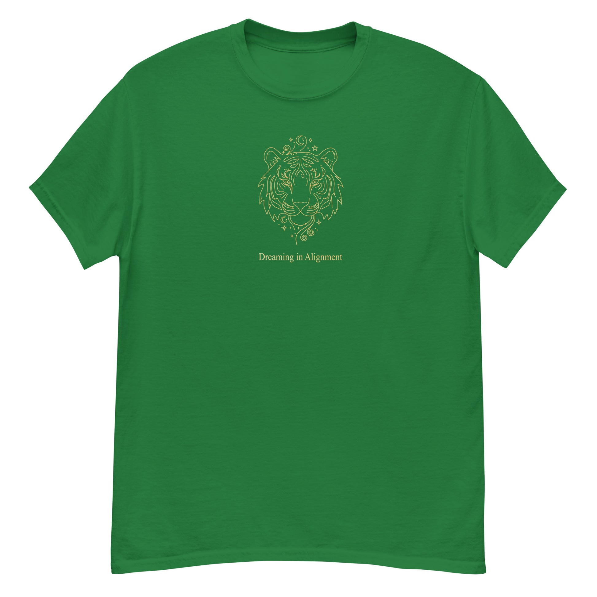 Green t-shirt t-shirt with Artistic graphic of a gentle tiger with the text "Dreaming in Alignment," symbolizing the overcoming of fear, creative freedom, and spiritual harmony.