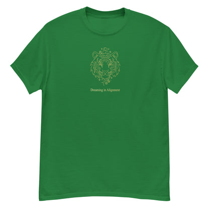 Green t-shirt t-shirt with Artistic graphic of a gentle tiger with the text "Dreaming in Alignment," symbolizing the overcoming of fear, creative freedom, and spiritual harmony.