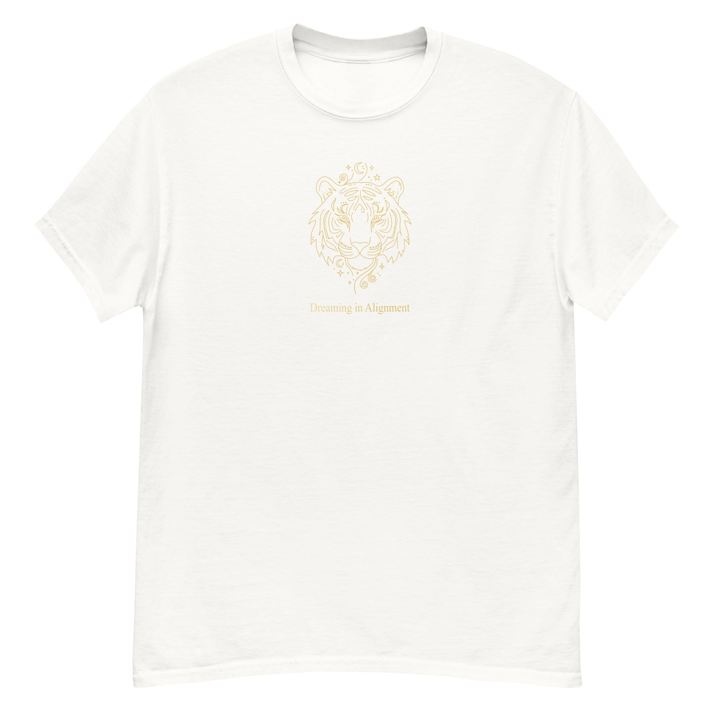 White t-shirt t-shirt with Artistic graphic of a gentle tiger with the text "Dreaming in Alignment," symbolizing the overcoming of fear, creative freedom, and spiritual harmony.