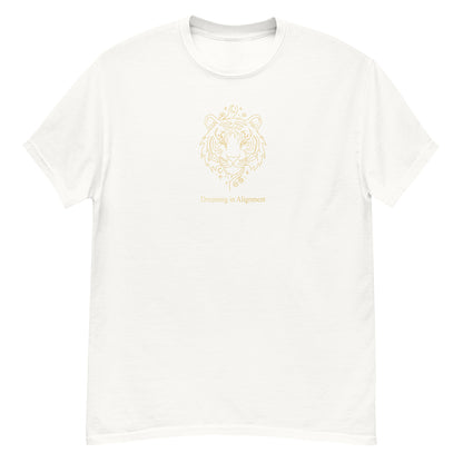 White t-shirt t-shirt with Artistic graphic of a gentle tiger with the text "Dreaming in Alignment," symbolizing the overcoming of fear, creative freedom, and spiritual harmony.
