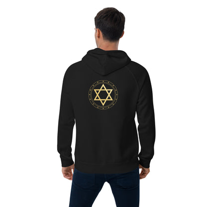 Person wearing a black hoodie with a Star gold protection of David symbol on the back against a white background