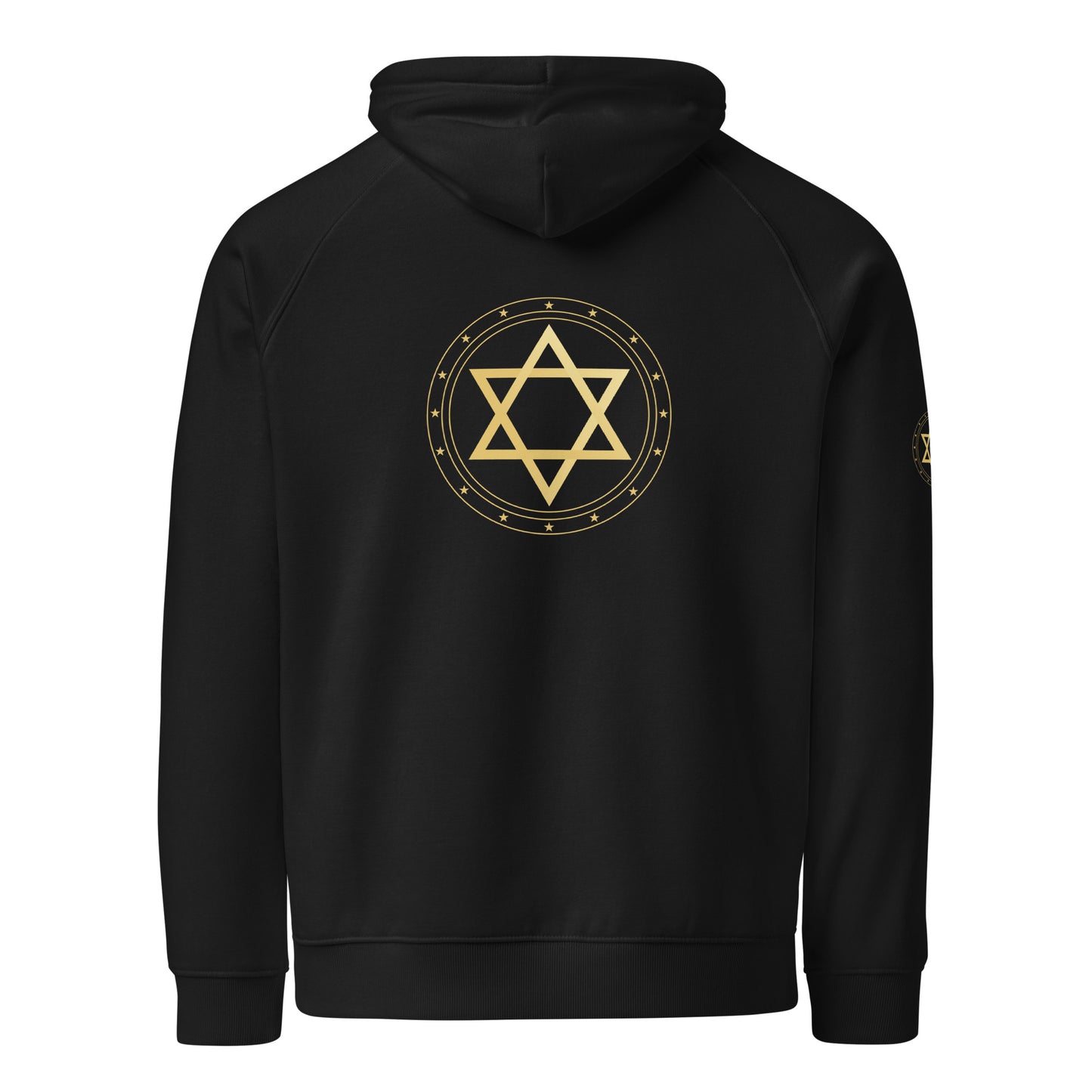Black hoodie with Black hoodie with a Gold geometric sacred geometry symbol on the back against a white background