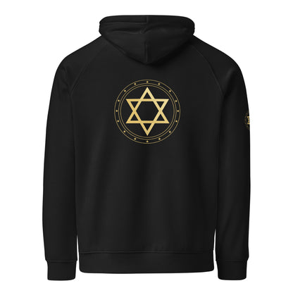 Black hoodie with Black hoodie with a Gold geometric sacred geometry symbol on the back against a white background
