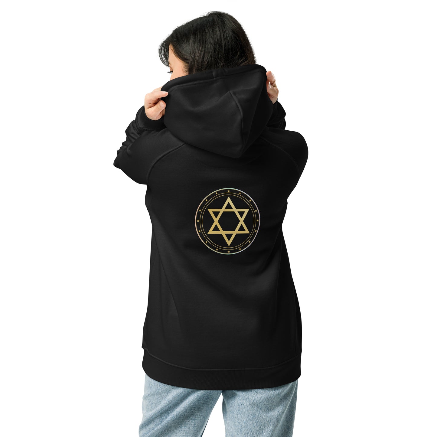 Person wearing a black hoodie with a gold Star of David symbol on the back, against a white background