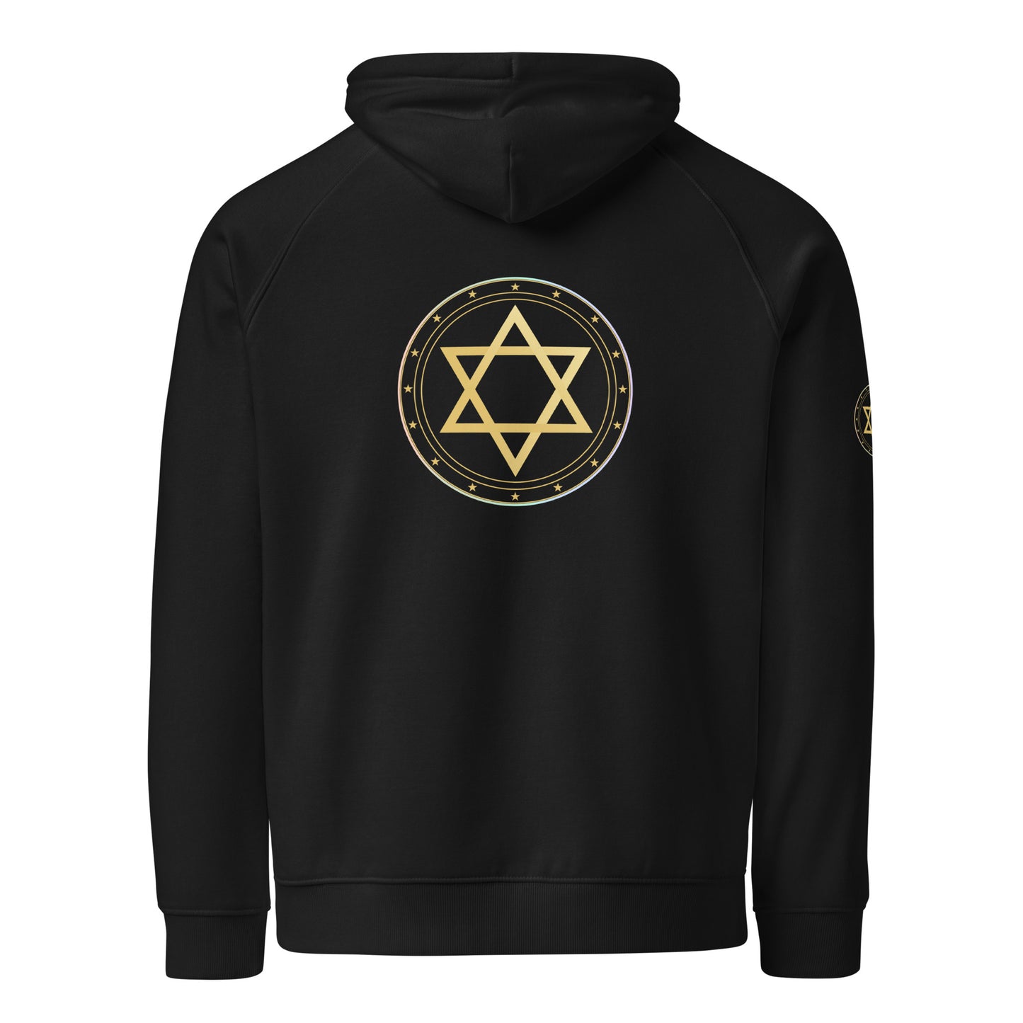 Black hoodie with a Gold sacred geometry on Black hoodie with a featuring 5 elements symbols: Earth, Fire, Water Air, and Aether. Spiritual protection and intuition catalyst design. on a white background on the back against a white background