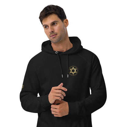 Man wearing a black hoodie with a Star gold protection of David  on a white background