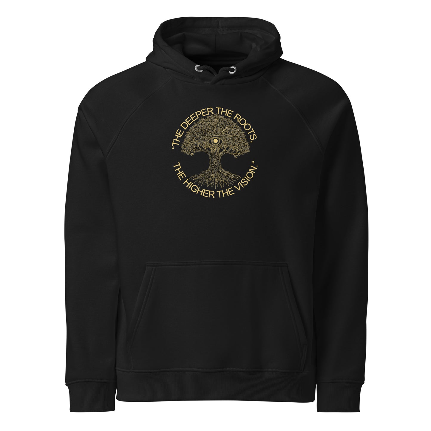 Black hoodie with a tree design and text on a white background