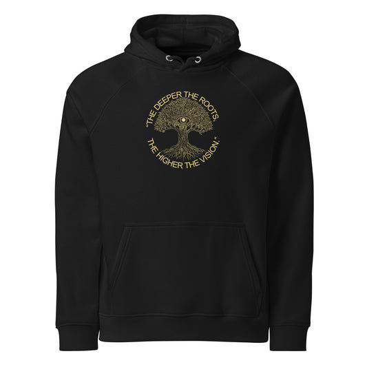 Black hoodie with a tree design and text on a white background