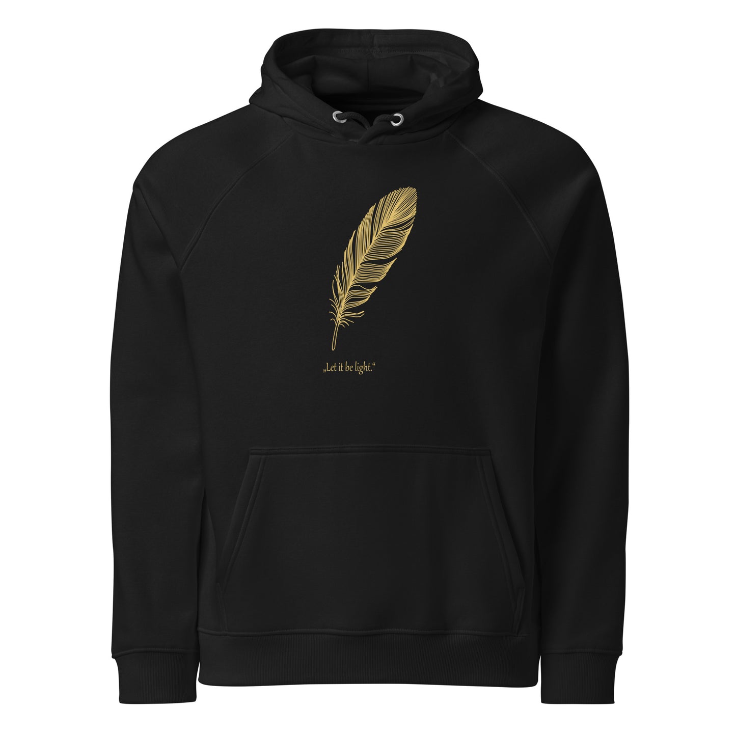 Black hoodie with a gold feather design on a white background