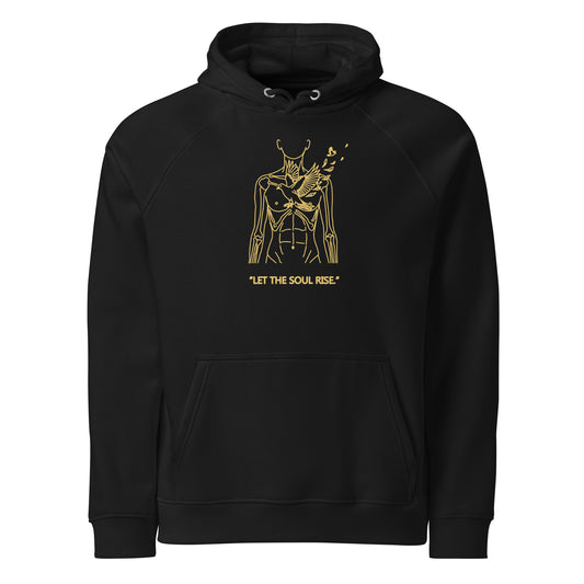 Black hoodie with gold graphic design and text on a white background