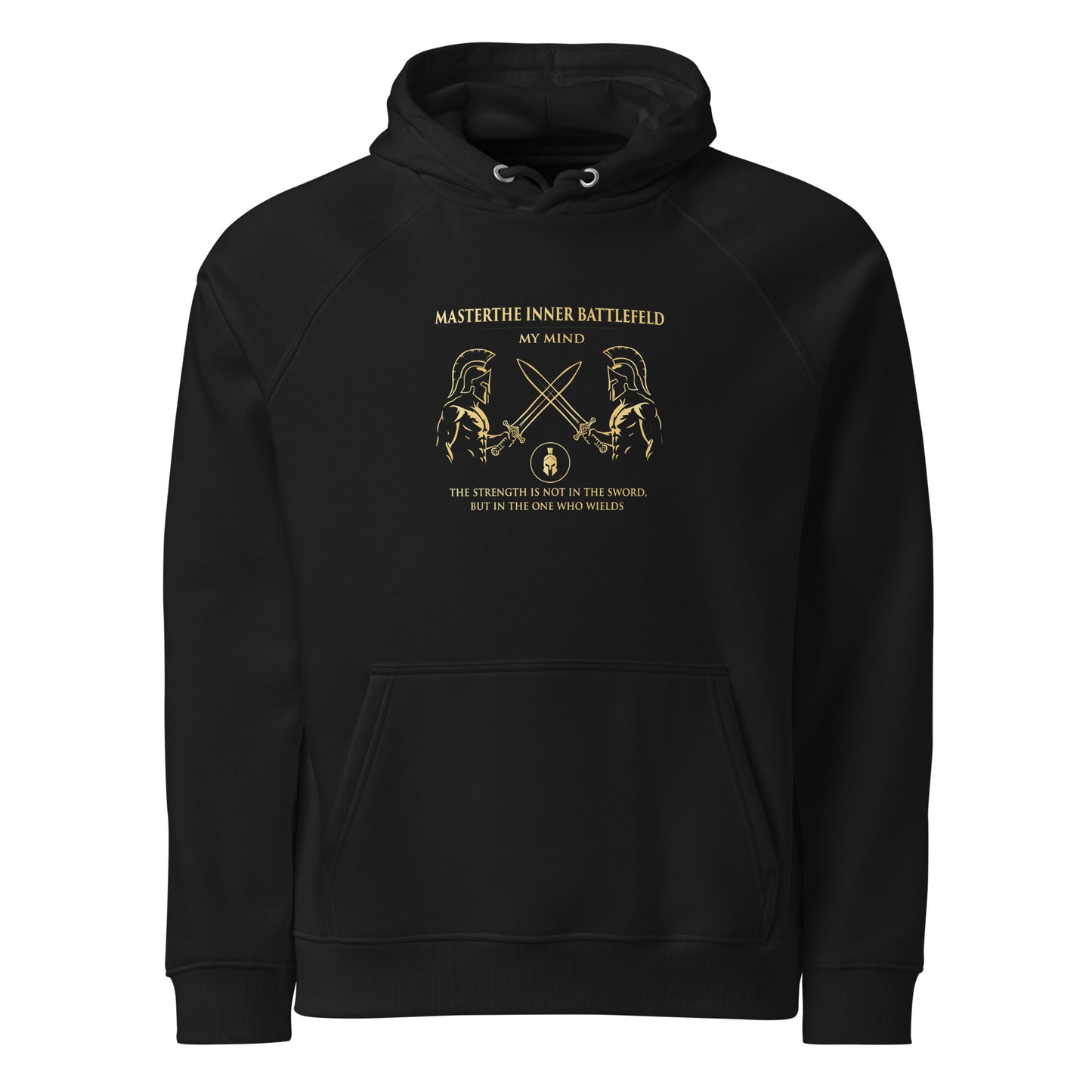Black hoodie with graphic design and text on a white background