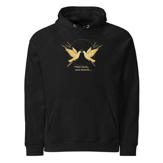 Black hoodie with gold dove design and text on a white background