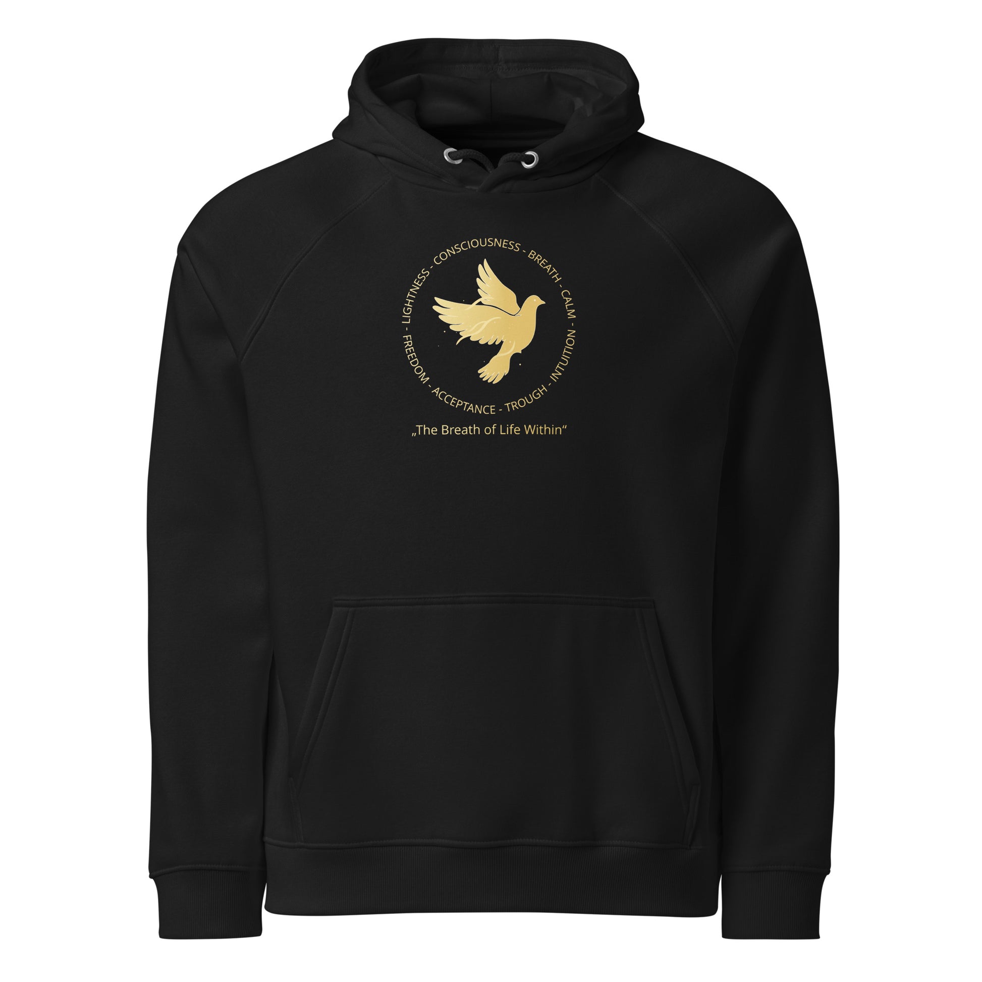 Black hoodie with a gold dove design on a white background