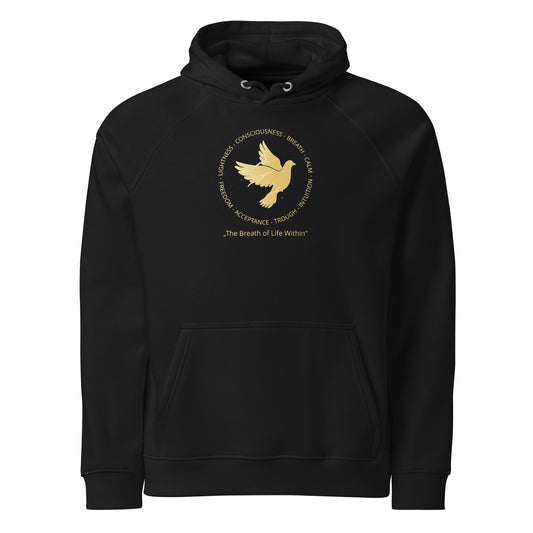 Black hoodie with a gold dove design on a white background
