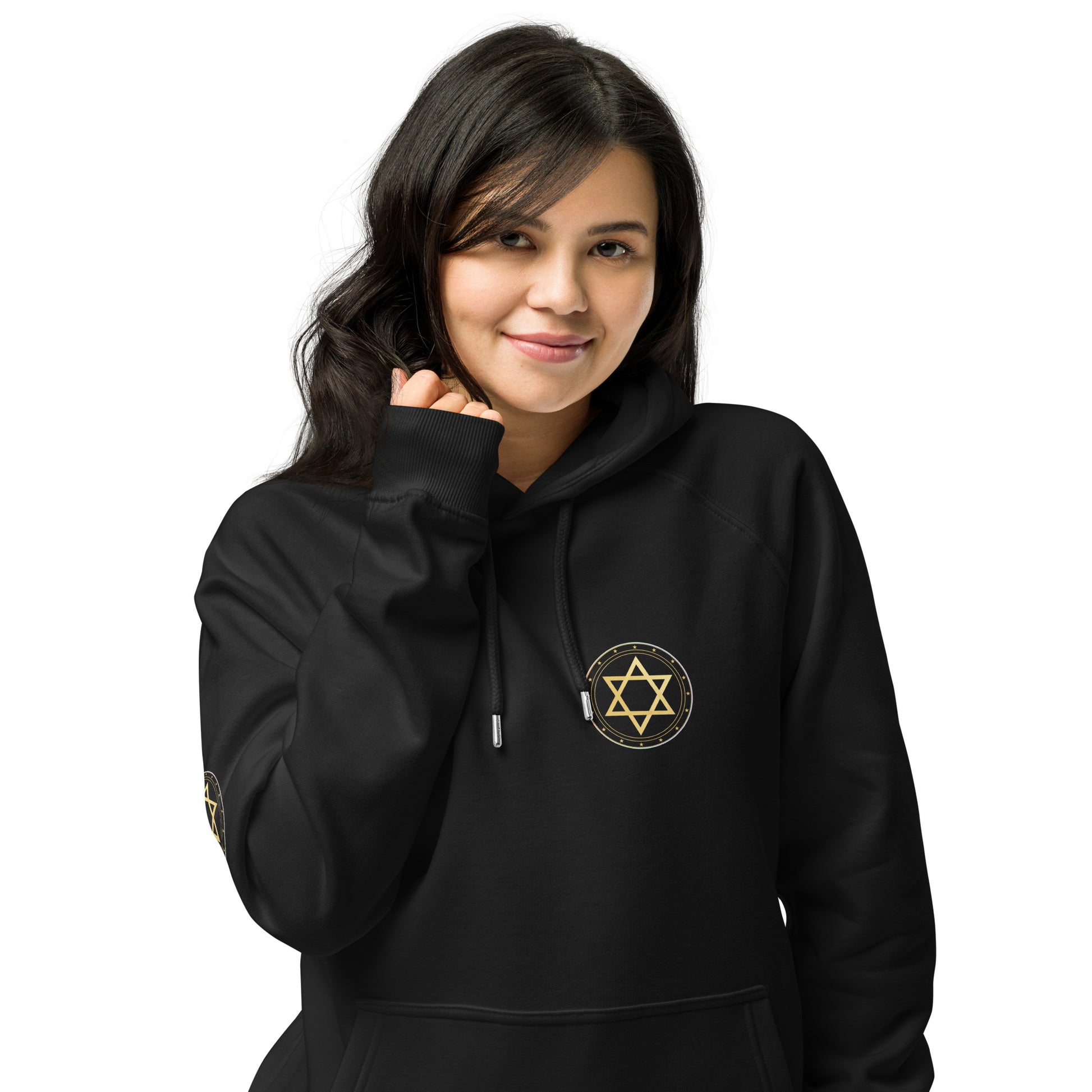 Person wearing a black hoodie with a Star of David emblem on a white background